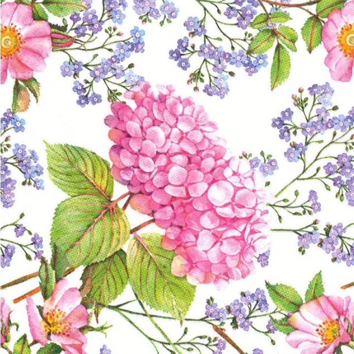 Servítky na dekupáž Pink Hydrangea and Forget-Me-Not Flowers - 1 ks